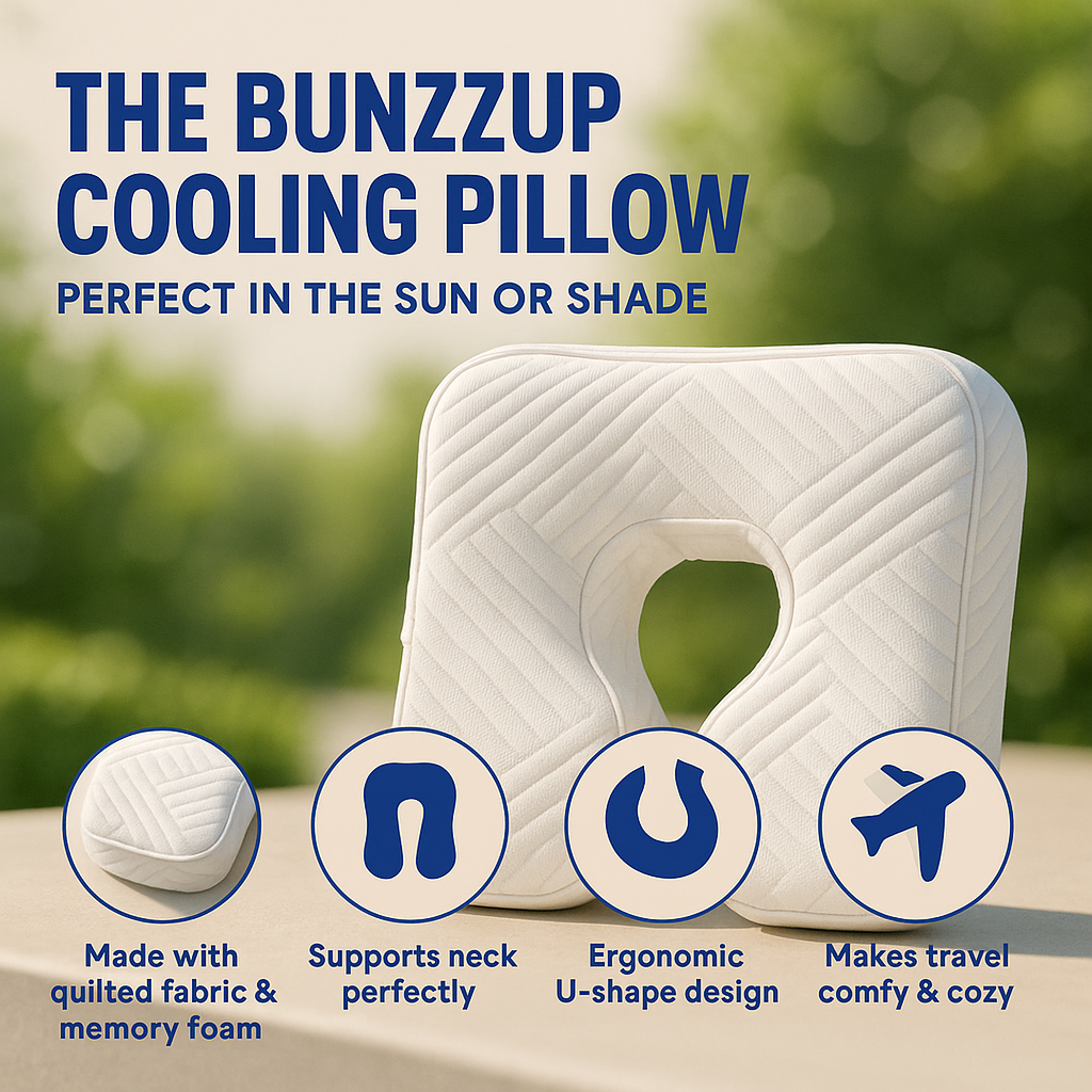 The Bunzzup Cooling Pillow, a cooling beach pillow, with quilted fabric, U-shape design and memory foam which supports neck perfectly, perfect in the sun or shade rest and makes travel comfy and cozy.