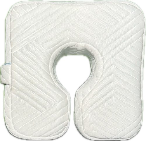 The Coolest Pillow, white quilted cooling beach pillow with central cutout and carabiner strap